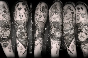 ribbon motif, stars and candles, an hourglass containing honey and the sun and moon, a bee, a sword, a key, anatomical heart made of dripping honeycomb, an owl king tattoo idea