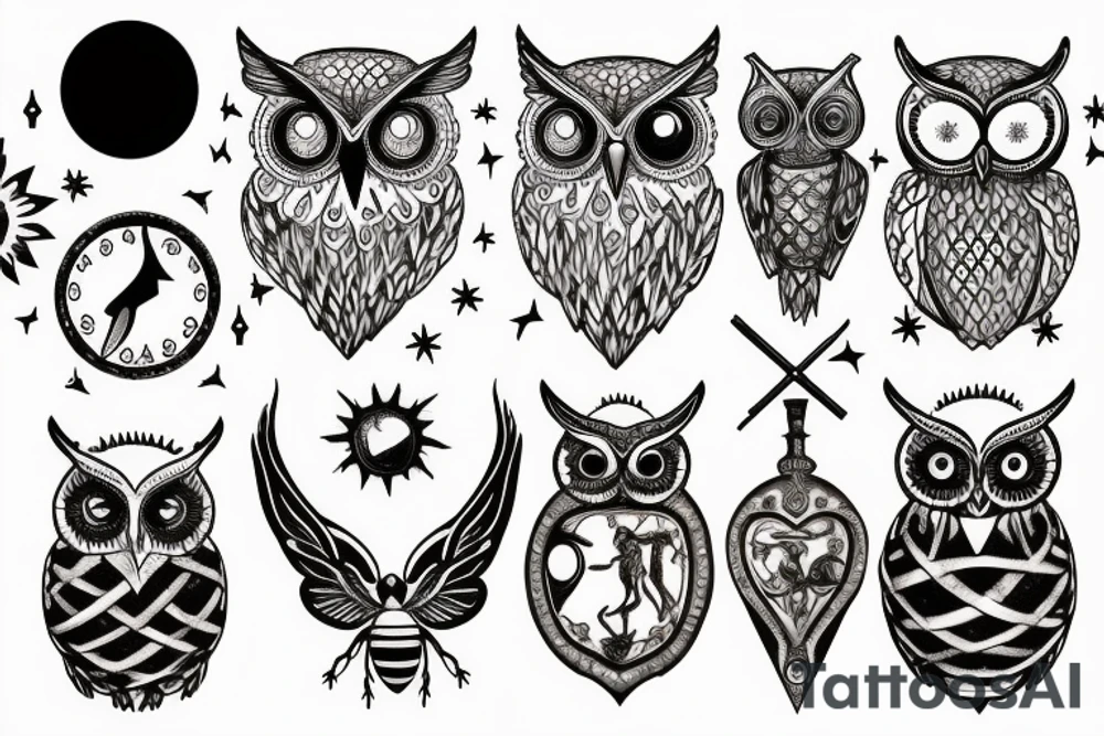 ribbon motif, stars and candles, an hourglass containing honey and the sun and moon, a bee, a sword, a key, anatomical heart made of dripping honeycomb, an owl king tattoo idea