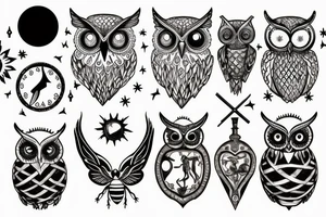 ribbon motif, stars and candles, an hourglass containing honey and the sun and moon, a bee, a sword, a key, anatomical heart made of dripping honeycomb, an owl king tattoo idea