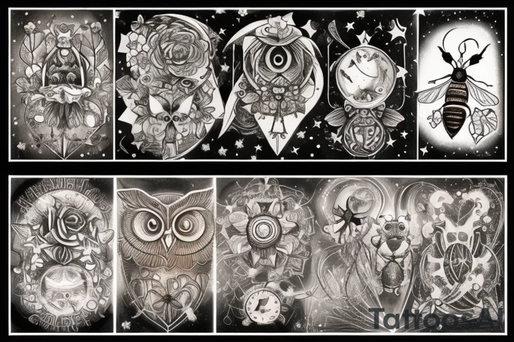 ribbon motif, stars, and candles, an hourglass containing honey and the sun and moon, a bee, a sword, a key, an anatomical heart made of dripping honeycomb, an owl king tattoo idea