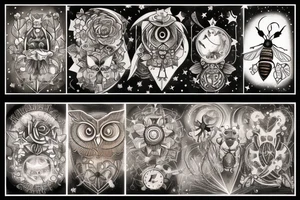 ribbon motif, stars, and candles, an hourglass containing honey and the sun and moon, a bee, a sword, a key, an anatomical heart made of dripping honeycomb, an owl king tattoo idea