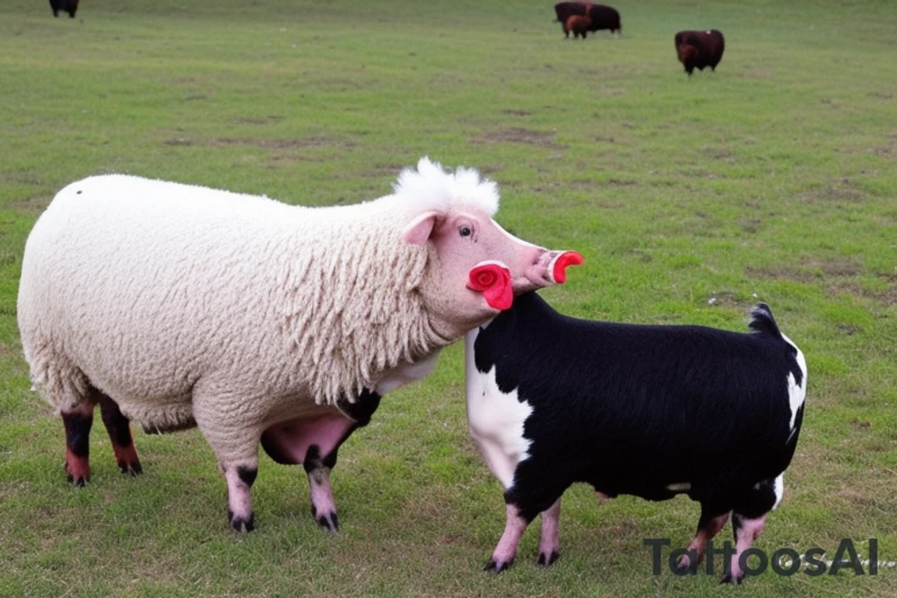 Cow is black and white fur, friendly face, big, brown eyes and long, floppy ears.  Rooster brightly-coloured bird, red feathers, sharp beak. Chicken, plump, fluffy, golden feathers, round, fluffy body.  Pig pink, fat, round nose, mud on his body.  Sheep white, fluffy wool and big, brown eyes. Farmer is grizzled, weathered old man with dirty overalls and a scowl on his face. tattoo idea