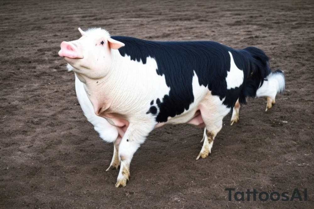 Cow is black and white fur, friendly face, big, brown eyes and long, floppy ears.  Rooster brightly-coloured bird, red feathers, sharp beak. Chicken, plump, fluffy, golden feathers, round, fluffy body.  Pig pink, fat, round nose, mud on his body.  Sheep white, fluffy wool and big, brown eyes. Farmer is grizzled, weathered old man with dirty overalls and a scowl on his face. tattoo idea