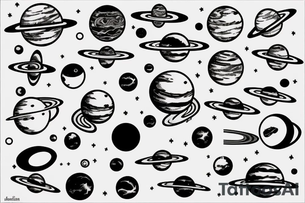 The planet saturn with rings and moons tattoo idea