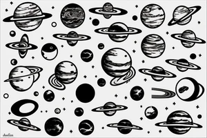 The planet saturn with rings and moons tattoo idea