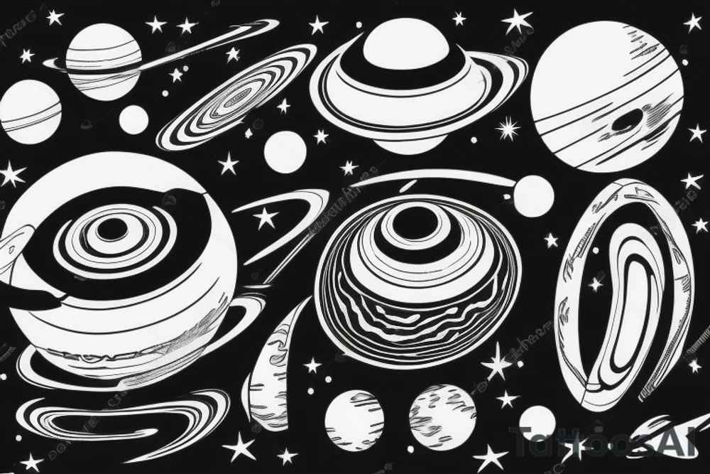 The planet saturn with rings and moons tattoo idea