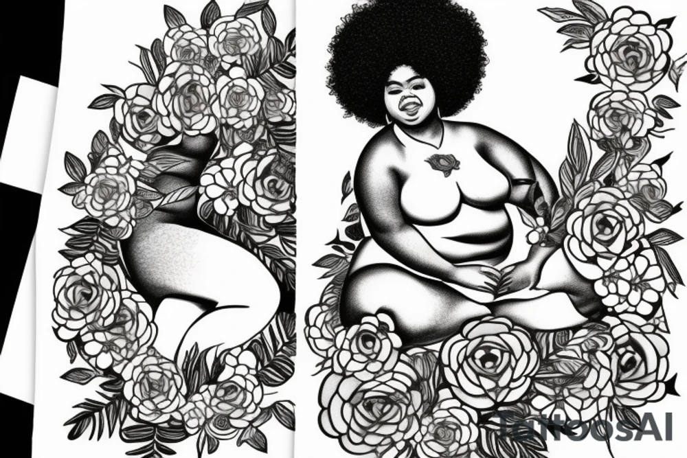 The figure of a chubby Black woman with a huge afro sitting cross-legged in nature while and is adorned with lots of flowers and vines tattoo idea