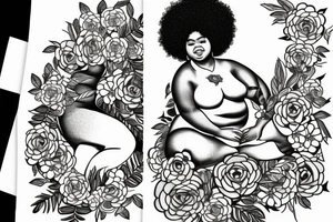 The figure of a chubby Black woman with a huge afro sitting cross-legged in nature while and is adorned with lots of flowers and vines tattoo idea