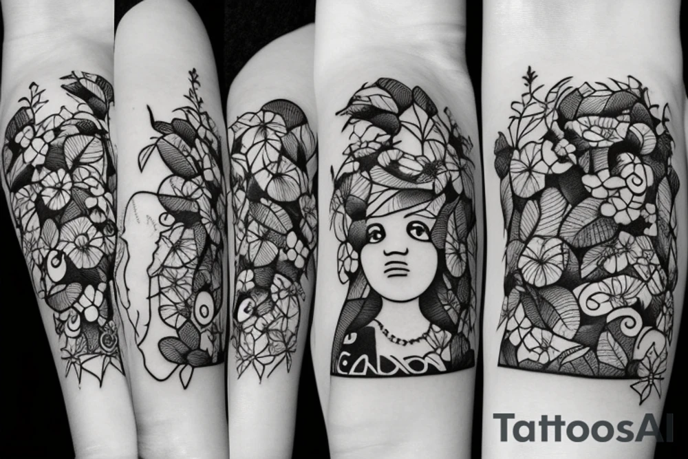 The figure of a chubby Black woman with a huge afro sitting cross-legged in nature while and is adorned with lots of flowers and vines tattoo idea