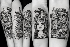 The figure of a chubby Black woman with a huge afro sitting cross-legged in nature while and is adorned with lots of flowers and vines tattoo idea