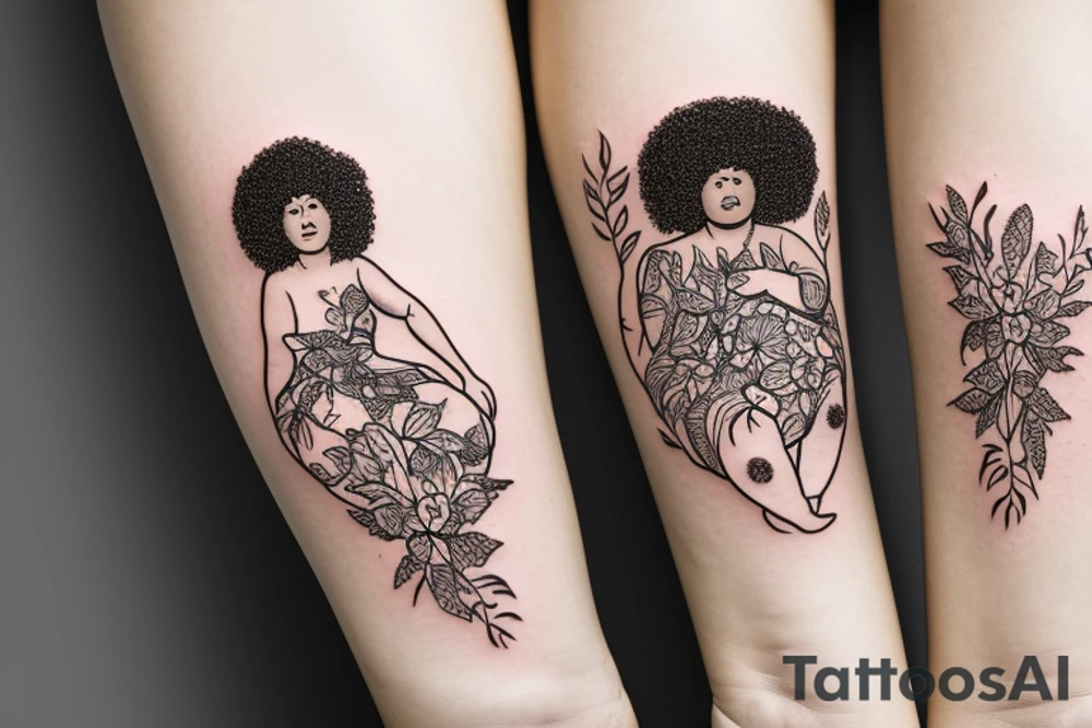 The figure of a chubby Black woman with a huge afro sitting cross-legged in nature while and is adorned with lots of different wildflowers and vines tattoo idea