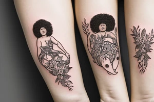 The figure of a chubby Black woman with a huge afro sitting cross-legged in nature while and is adorned with lots of different wildflowers and vines tattoo idea