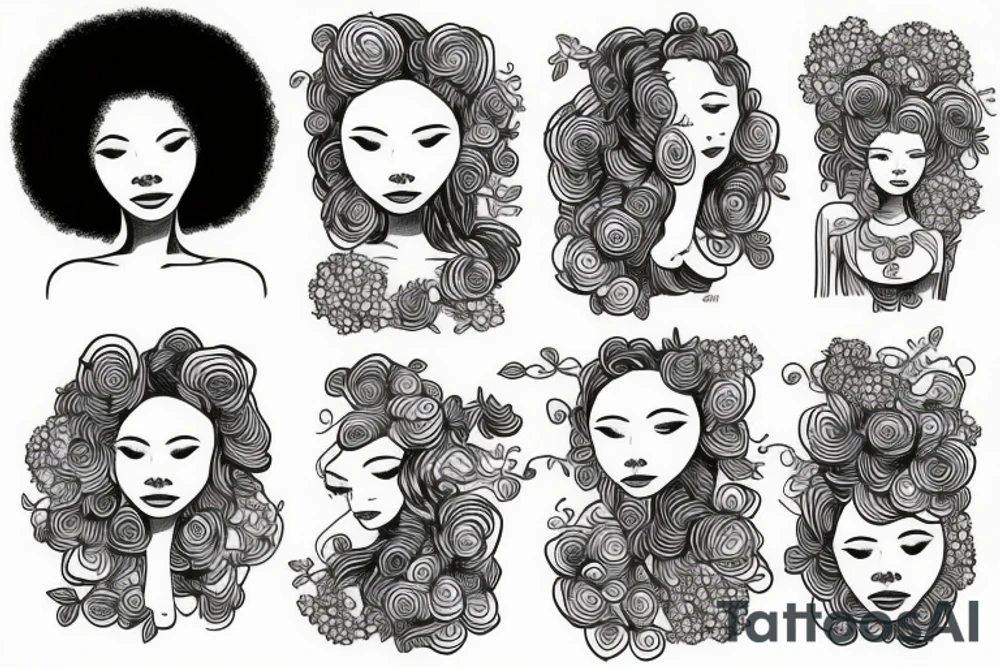 The figure of a Black woman with a huge afro sitting cin nature while surrounded with lots of different wildflowers and vines tattoo idea