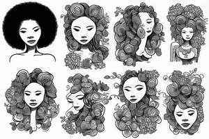 The figure of a Black woman with a huge afro sitting cin nature while surrounded with lots of different wildflowers and vines tattoo idea