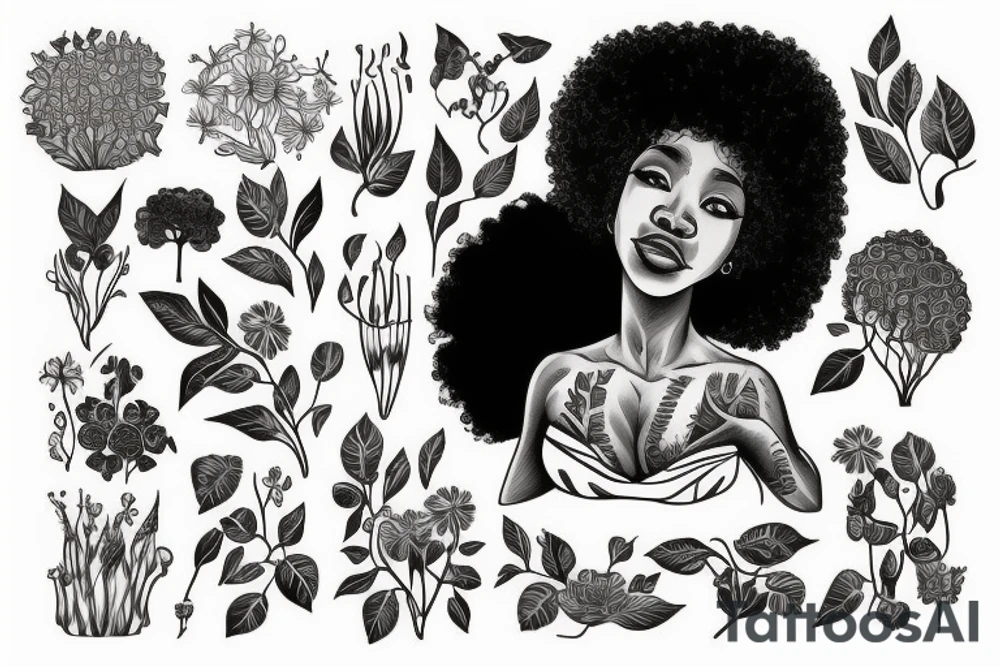 The figure of a Black woman with a huge afro sitting cin nature while surrounded with lots of different wildflowers and vines tattoo idea