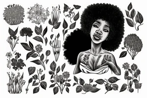 The figure of a Black woman with a huge afro sitting cin nature while surrounded with lots of different wildflowers and vines tattoo idea