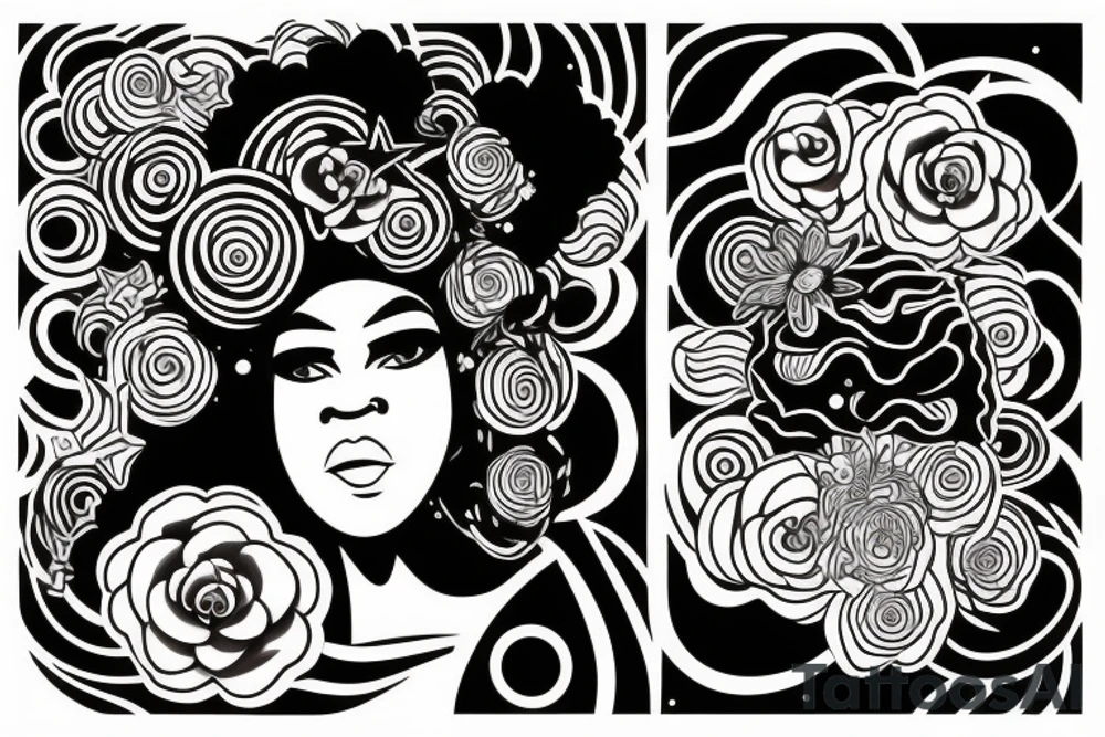 A bust of a curvy black woman with a big afro that covers her eyes. Her afro is filled with stars and lots of different kinds of flowers. tattoo idea