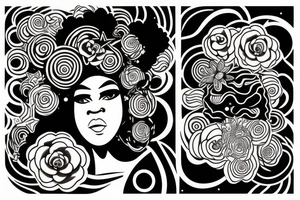 A bust of a curvy black woman with a big afro that covers her eyes. Her afro is filled with stars and lots of different kinds of flowers. tattoo idea