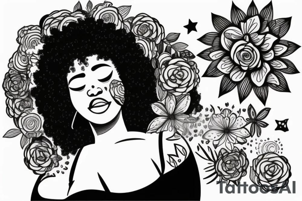 A bust of a curvy black woman with a big afro that covers her eyes. Her afro is filled with stars and lots of different kinds of flowers. tattoo idea