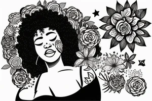 A bust of a curvy black woman with a big afro that covers her eyes. Her afro is filled with stars and lots of different kinds of flowers. tattoo idea
