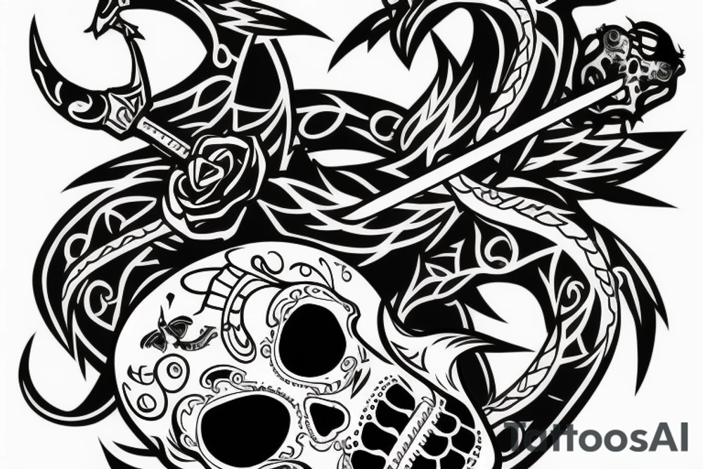 Sugar skull with viper and a sword along with an Oni mask and a crow. tattoo idea