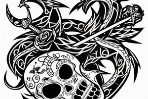 Sugar skull with viper and a sword along with an Oni mask and a crow. tattoo idea
