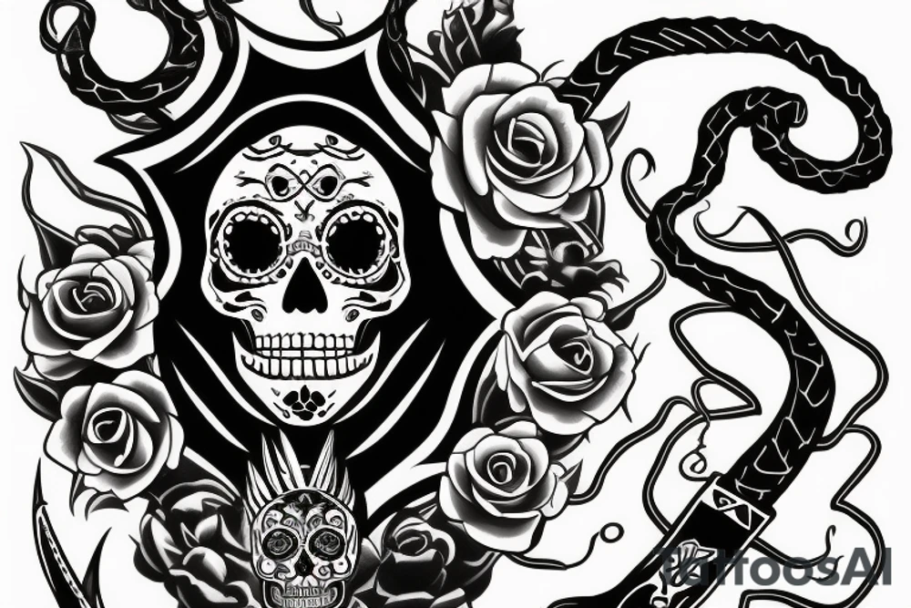 Sugar skull with viper and a sword along with an Oni mask and a crow. tattoo idea