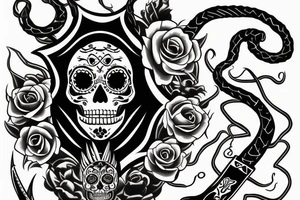 Sugar skull with viper and a sword along with an Oni mask and a crow. tattoo idea