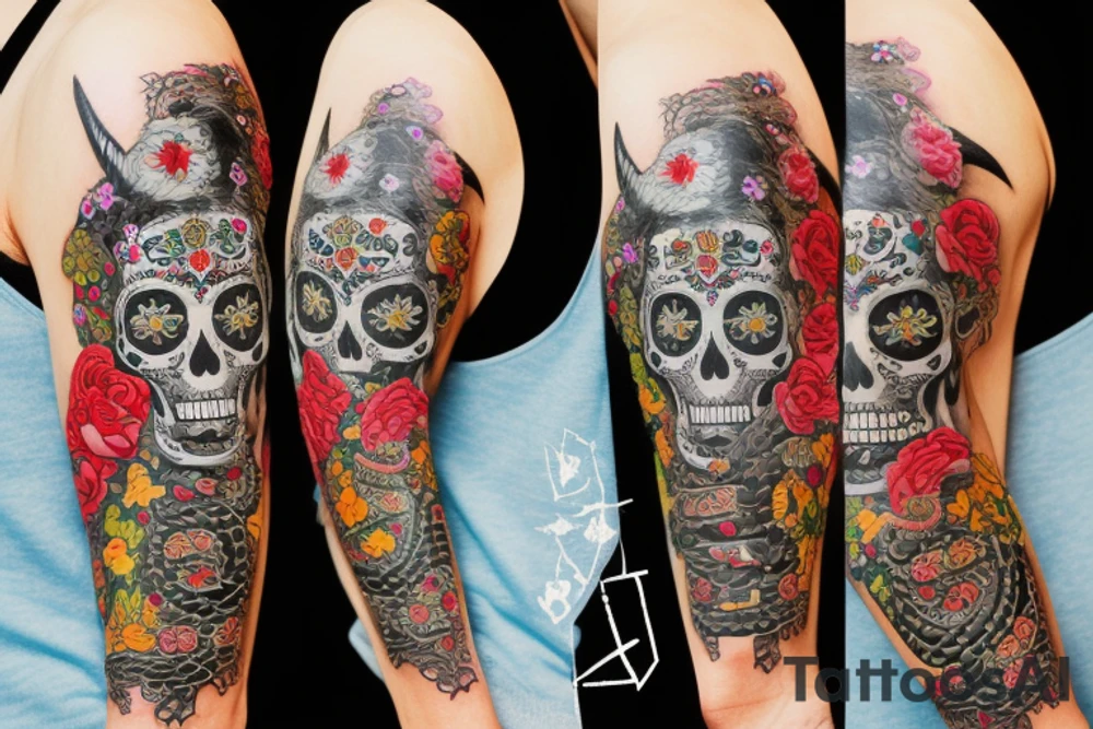 Sugar skull with a snake around it along with a Japanese Oni mask with a crow on top. All surrounded by flowers. tattoo idea
