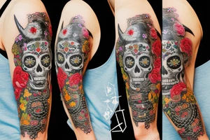 Sugar skull with a snake around it along with a Japanese Oni mask with a crow on top. All surrounded by flowers. tattoo idea
