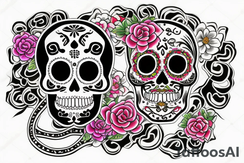 Sugar skull with a snake around it along with a Japanese Oni mask with a crow on top. All surrounded by flowers. tattoo idea
