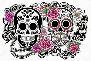 Sugar skull with a snake around it along with a Japanese Oni mask with a crow on top. All surrounded by flowers. tattoo idea