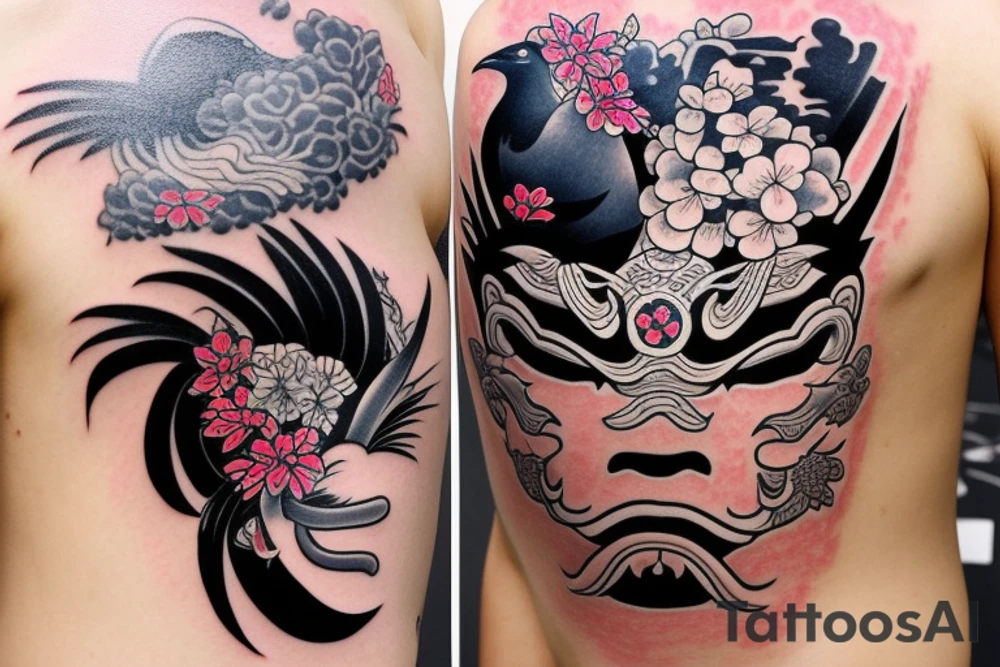 Japanese Oni mask with a crow on top surrounded by flowers tattoo idea