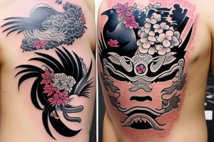 Japanese Oni mask with a crow on top surrounded by flowers tattoo idea