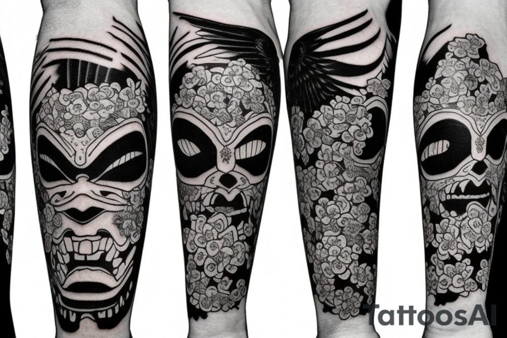 Japanese Oni mask with a crow on top surrounded by flowers tattoo idea