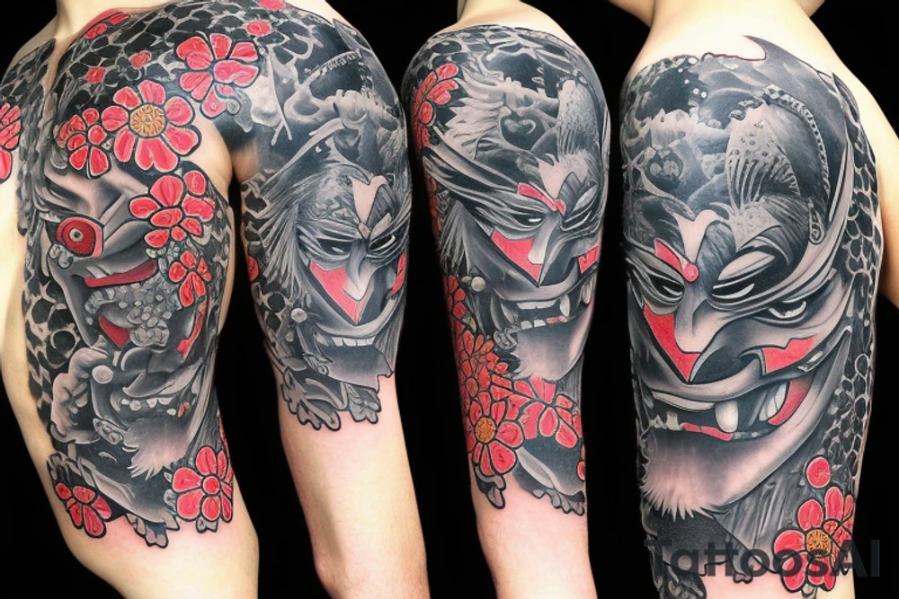 Japanese Oni mask with a crow on top surrounded by flowers tattoo idea