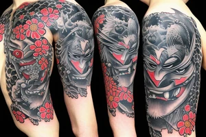Japanese Oni mask with a crow on top surrounded by flowers tattoo idea