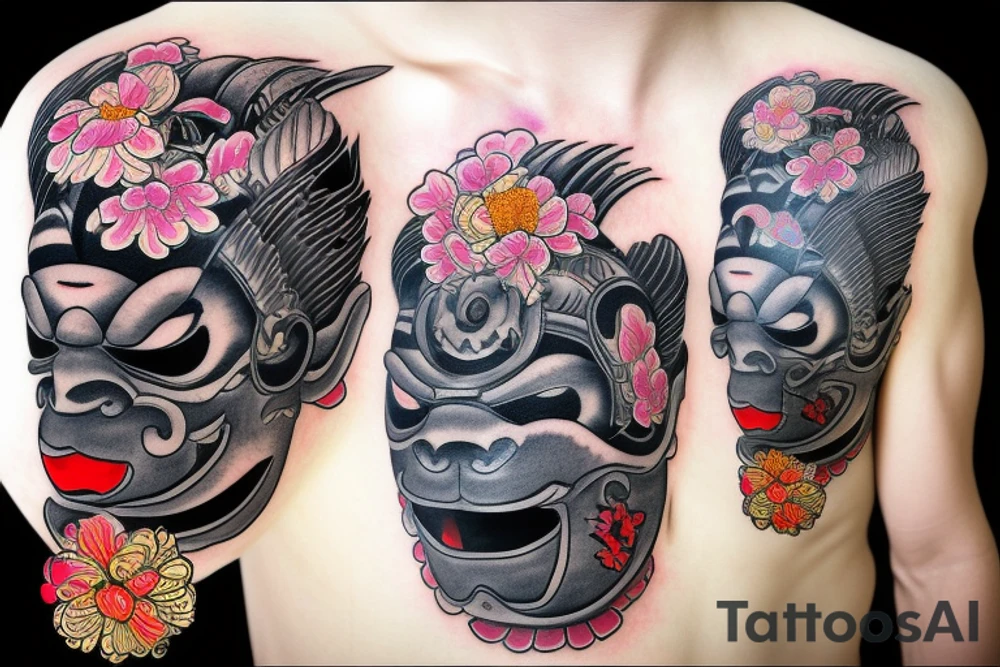 Japanese Oni mask with a crow on top surrounded by flowers tattoo idea