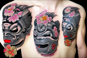 Japanese Oni mask with a crow on top surrounded by flowers tattoo idea