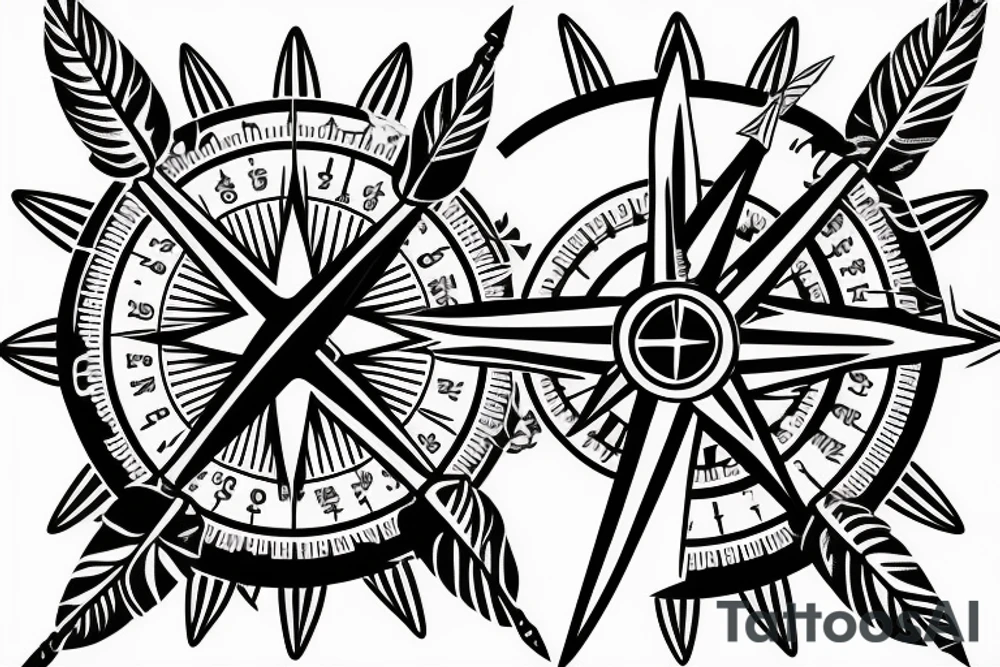 Fantasy compass pierced with viking style arrow with feathers tattoo idea