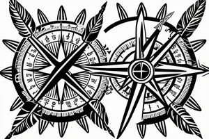 Fantasy compass pierced with viking style arrow with feathers tattoo idea