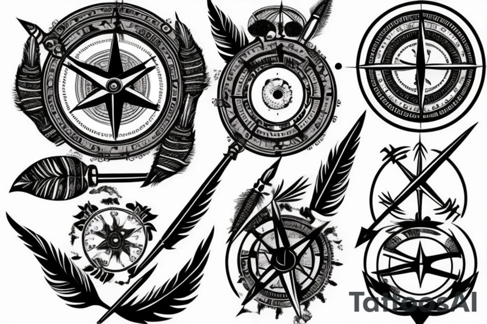 Fantasy compass pierced with viking style arrow with feathers tattoo idea