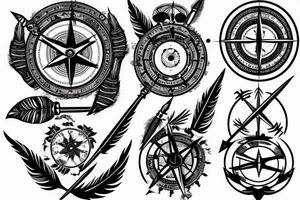 Fantasy compass pierced with viking style arrow with feathers tattoo idea