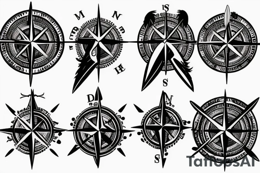 Fantasy compass pierced with viking style arrow with feathers tattoo idea