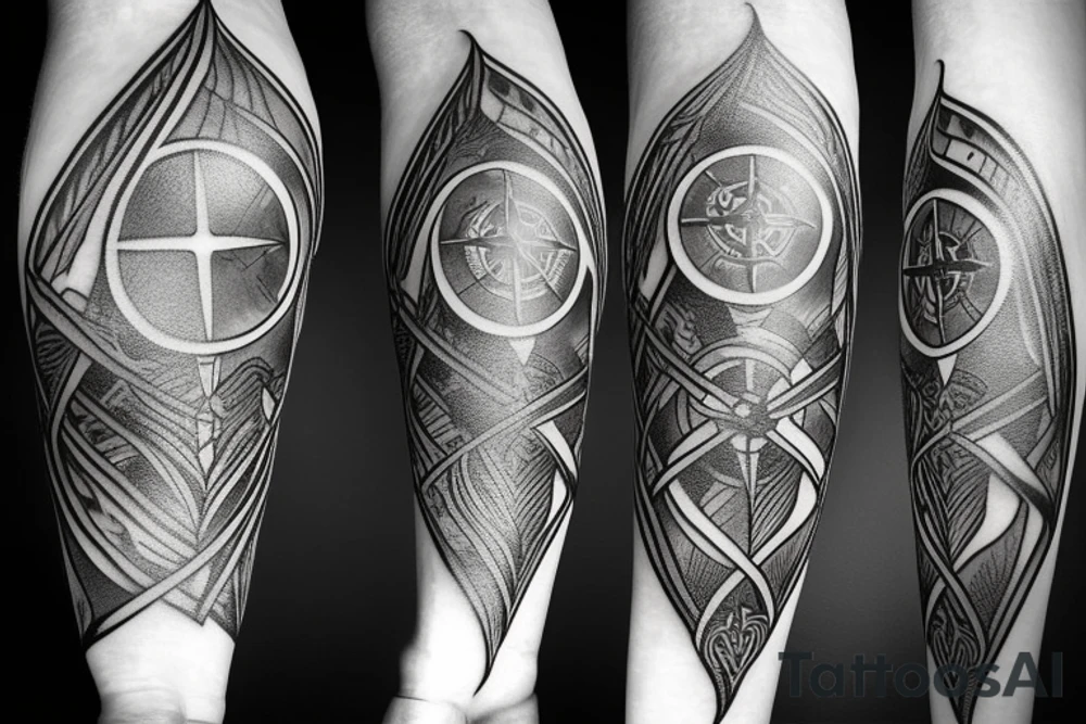 Fantasy compass pierced with viking style arrow with feathers tattoo idea Fantasy compass pierced with viking style arrow with feathers tattoo idea