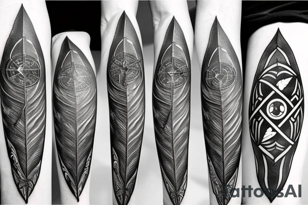 3d Fantasy compass pierced with viking style arrow with feathers tattoo idea