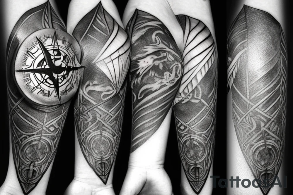 3d Fantasy compass pierced with viking style arrow with feathers tattoo idea