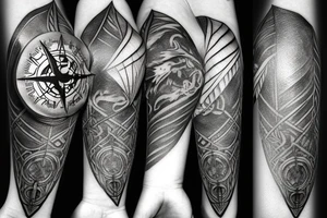 3d Fantasy compass pierced with viking style arrow with feathers tattoo idea