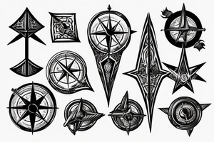 3d Fantasy compass pierced with viking style arrow tattoo idea