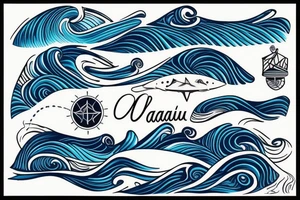 The name Maverick with ocean waves that have been outlined in a Maui theme tattoo idea